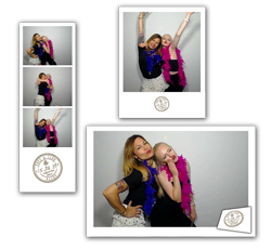 Selección de tres tiras de fotos de fotomatón con invitados celebrando en una boda.