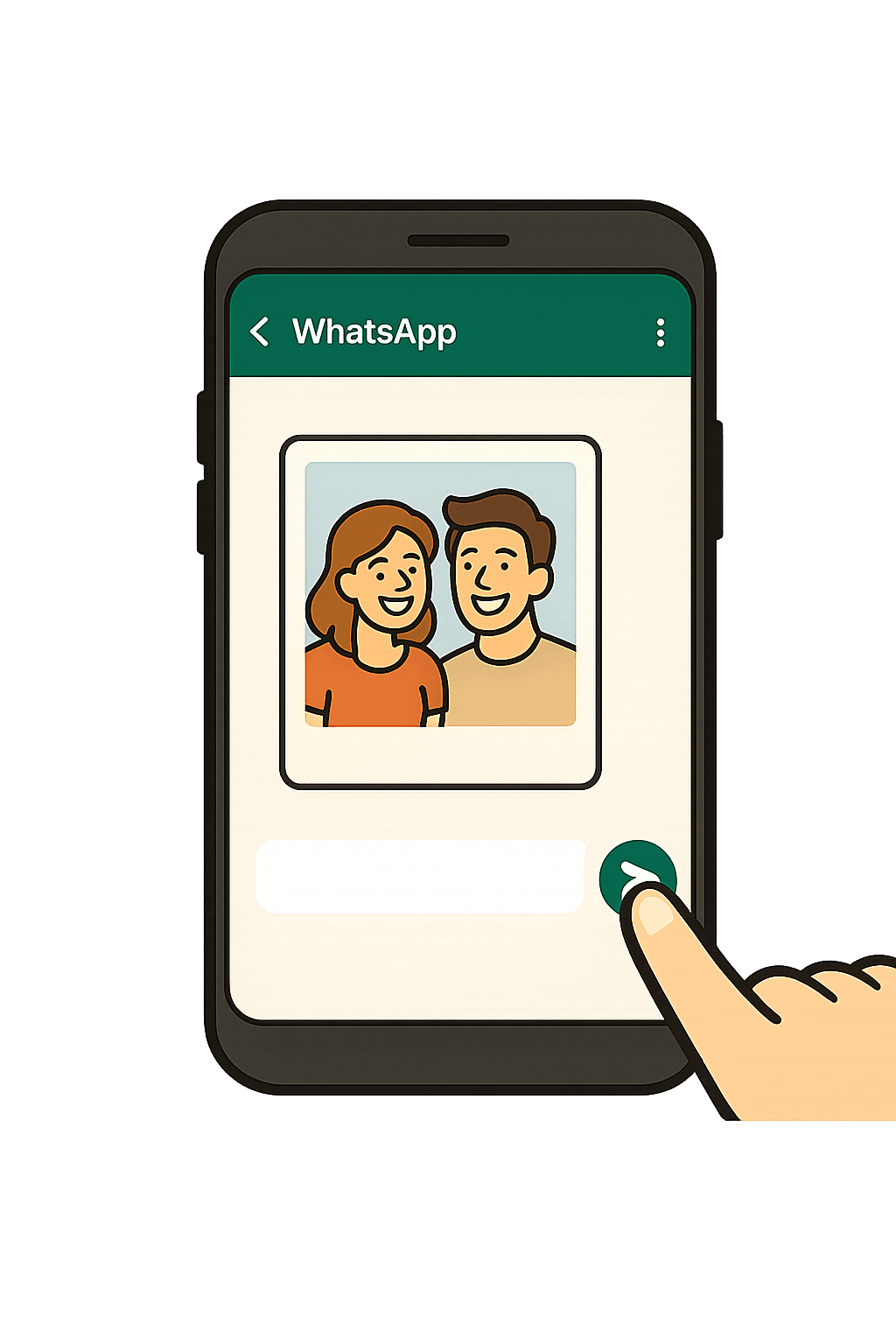 Ilustración de un móvil con una conversación de WhatsApp mostrando una foto lista para enviar