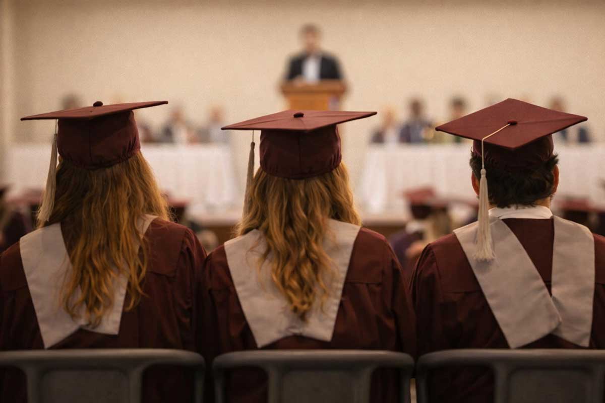 alumnos en fiesta de graduación con birretes durante ceremonia