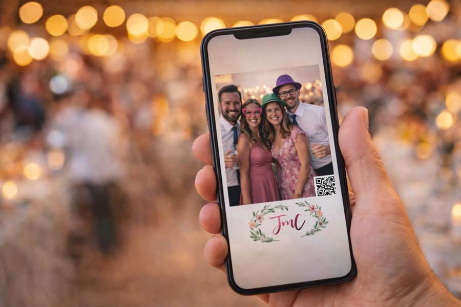 Móvil viendo foto de boda descargada mediante QR del fotomatón