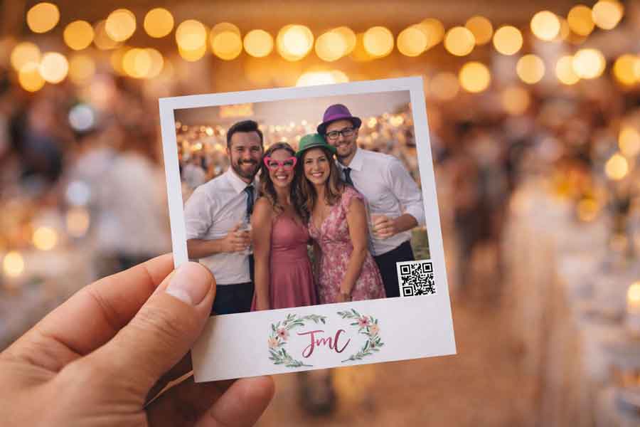 Foto de boda con QR del fotomatón para descargar la foto