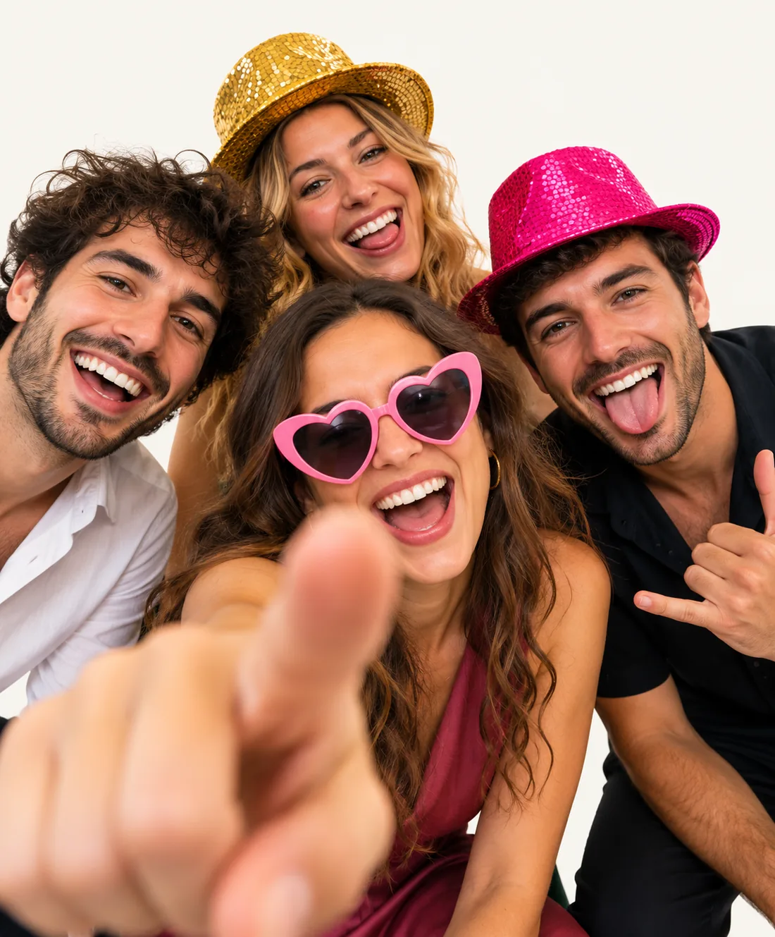 Grupo de amigos haciéndose fotos en el fotomatón con atrezo