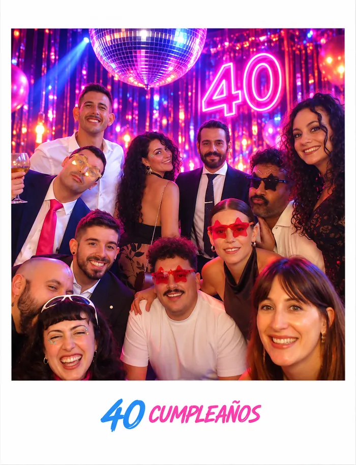 Grupo de amigos en una fiesta de 40 cumpleaños con bola de discoteca
