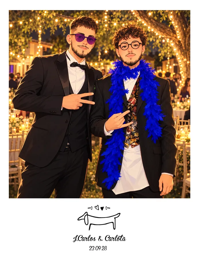 Dos invitados de boda en estilo anime en un jardín iluminado