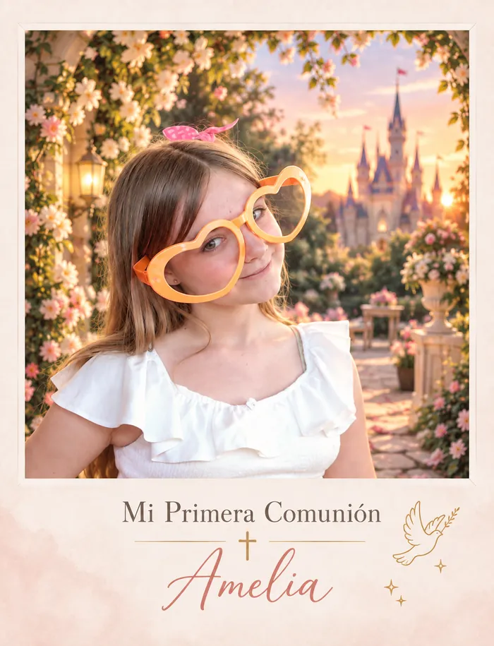 Niña de comunión en un jardín de cuento con castillo