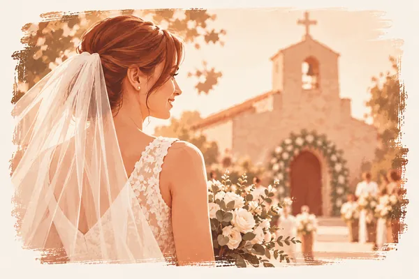 Ilustración de una novia ante la iglesia
