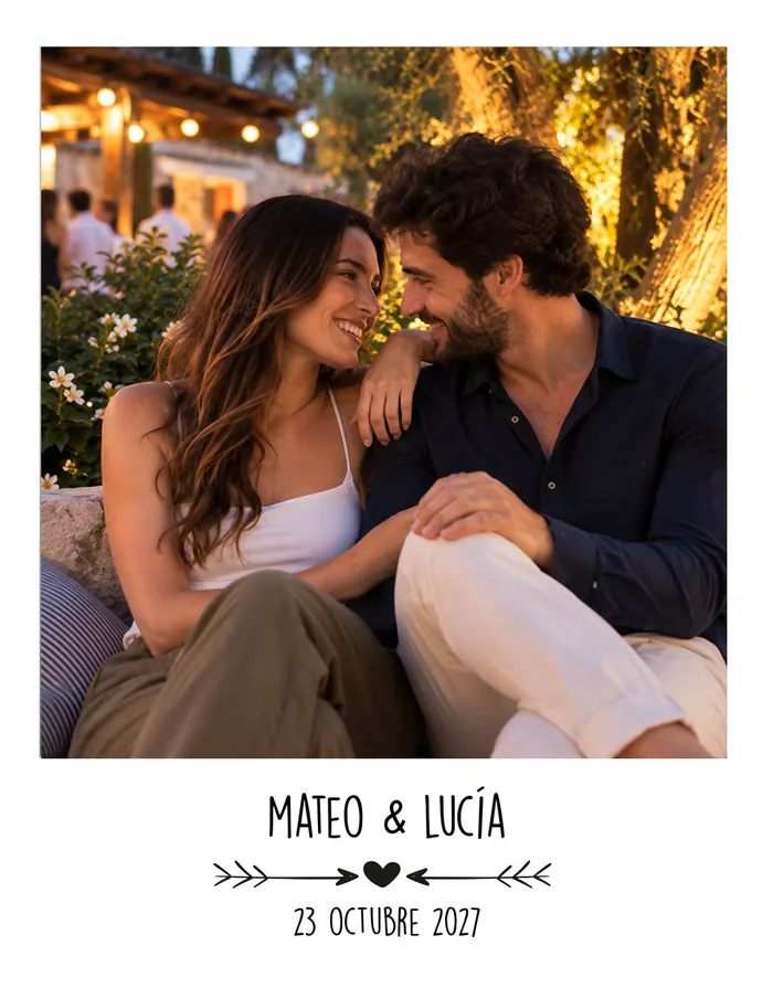La foto de la pareja impresa con sus nombres y la fecha de la boda